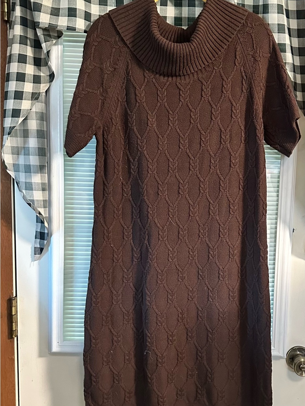 Cato Brown Cable-Knit Short-Sleeve Cowl Neck Sweater Dress